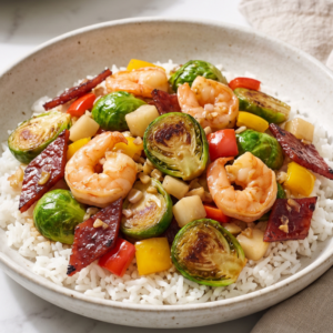 Brussels Sprouts with Prawns and Bak Kwa